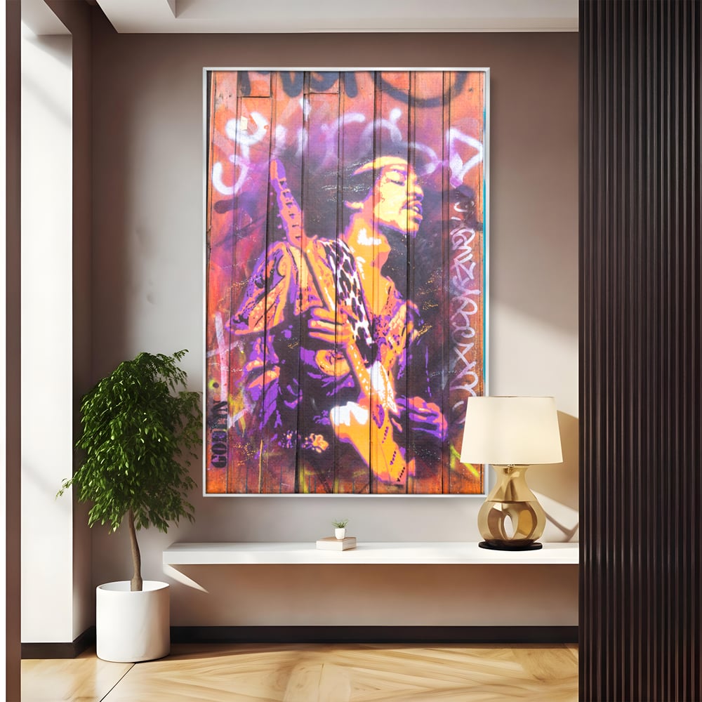 Tablou canvas cu tablou canvas cu jimi hendrix cantand la chitara, in rama de aluminiu argintiu